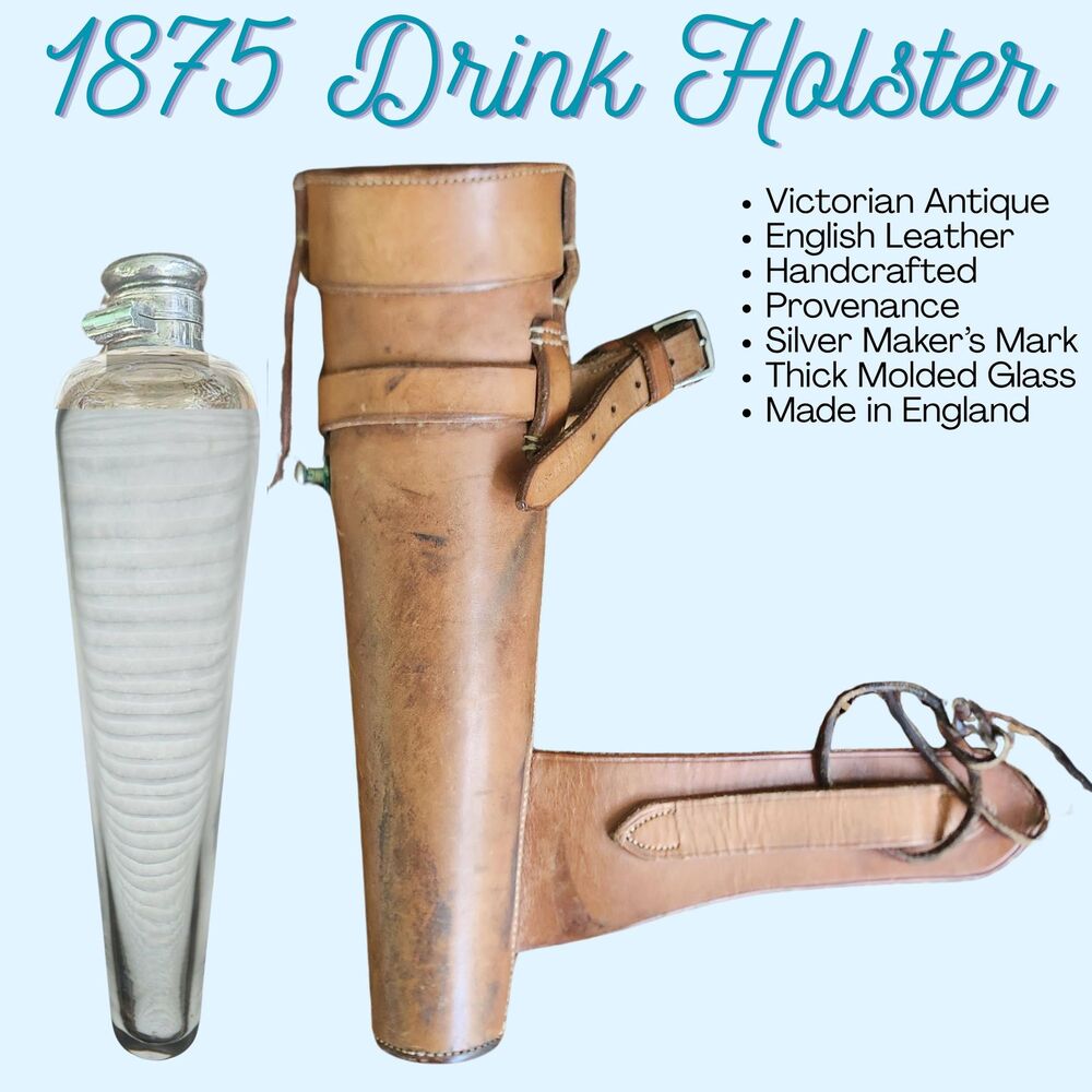 Antique Leather Bottle, Victorian Hunt Flask Holder, Silver Cap Fox Hunt Holster